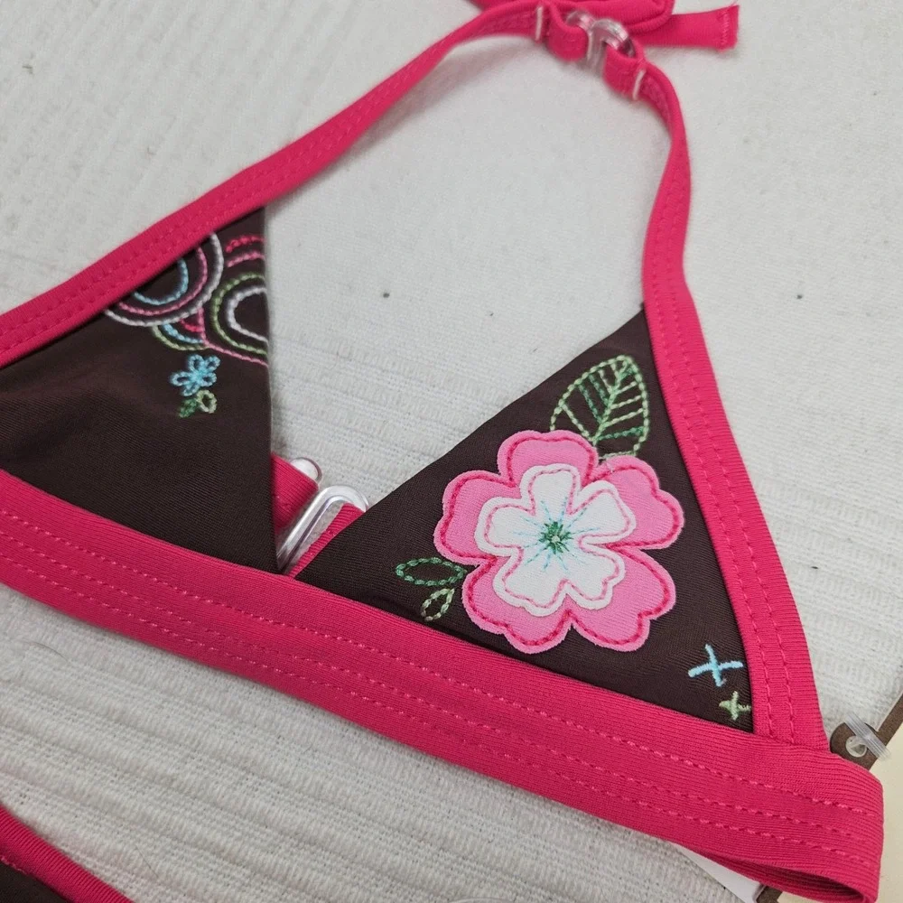 NEW Baby Gap Embroidered Bikini 3-6 mo Pink Brown Applique Floral‎ Swimsuit NWT